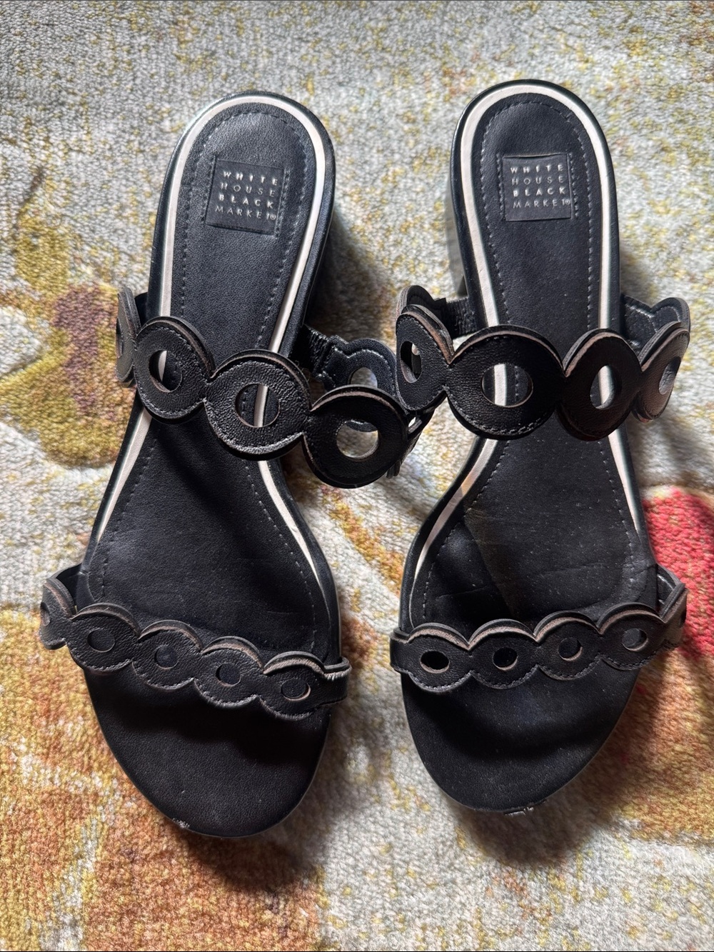 White House Black Market Black Scalloped Circle-Trim Slide Sandals